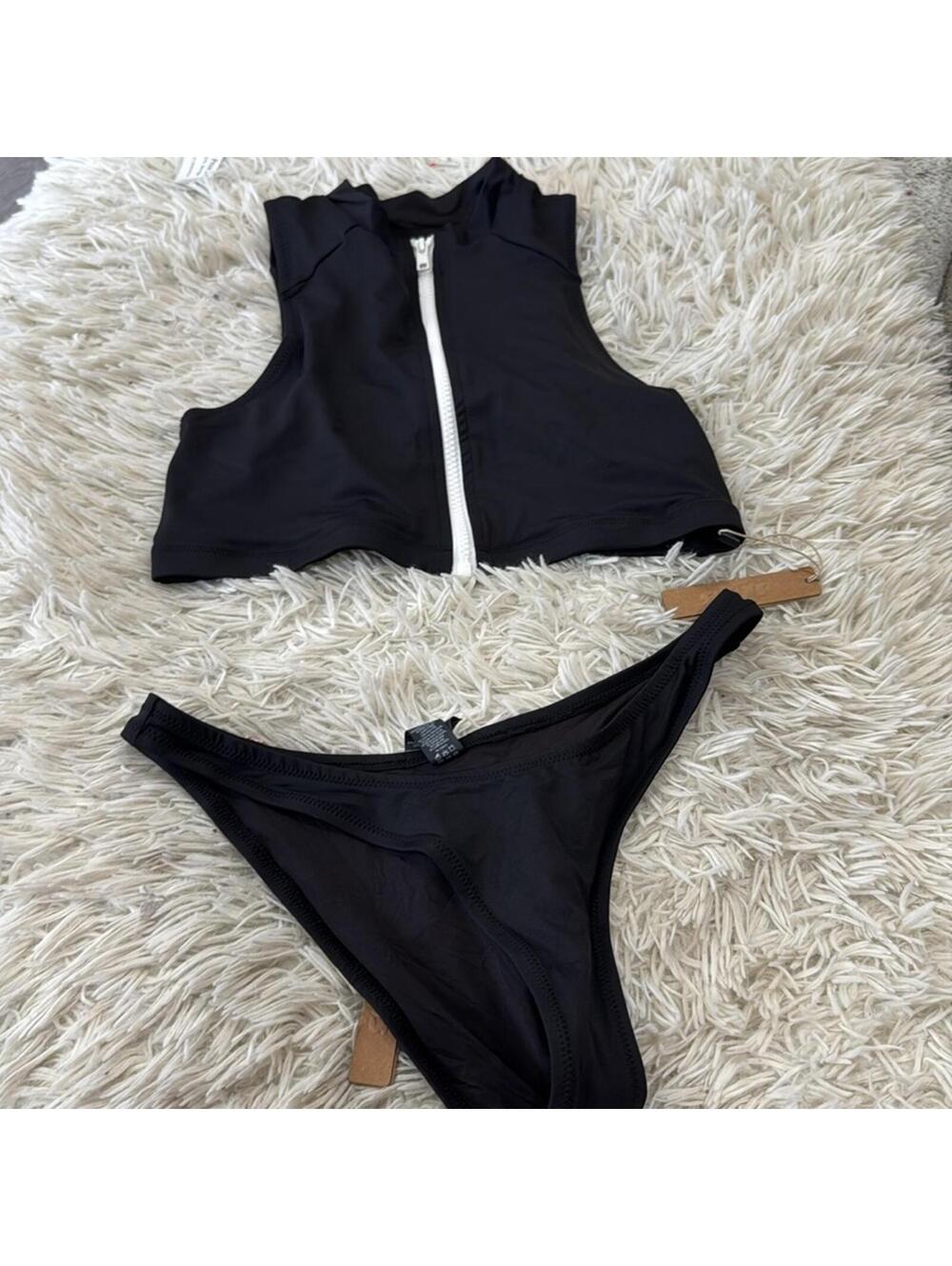 SKIMS SPORTY ZIPPER SWIM MOCK NECK TOP & CHEEKY TANGA ONYX IN SET